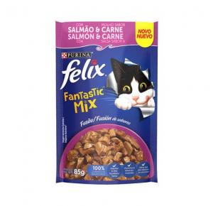 Ração Úmida Nestlé Purina Felix Fantastic Mix Salmão & Molho Sabor Carne para Gatos Adultos 85Gr