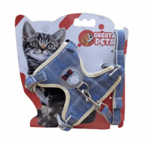 Peitoral com Guia Jeans Gatos P -  Great Pets